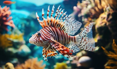 Vibrant lionfish swimming gracefully in colorful coral reef ecosystem