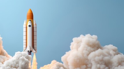 Naklejka premium Rocket Launch with Bright Flame and Billowing Clouds Against a Clear Blue Sky in a Dramatic, Inspiring Scene