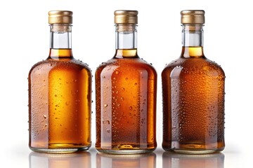 Three Whiskey Bottles with Water Droplets - Three whiskey bottles with condensation droplets on their surface, highlighting the coolness and premium design of the bottles.

