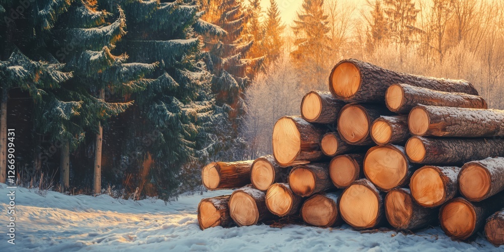 Poster stacked logs in winter forest with snow and sunlight filtering through trees