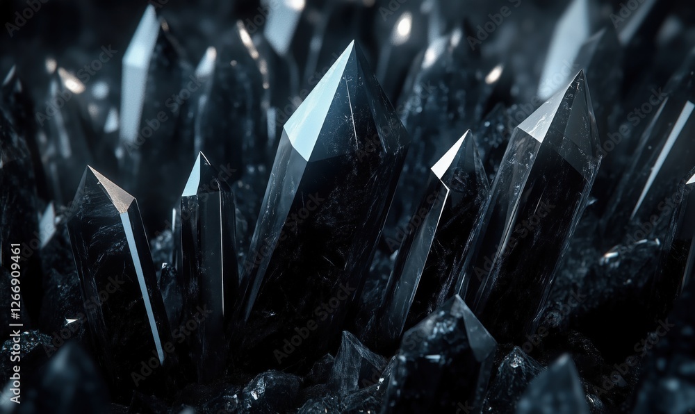 Poster Shimmering Black Crystals in Abstract Formation with Sharp Points and Glossy Surfaces