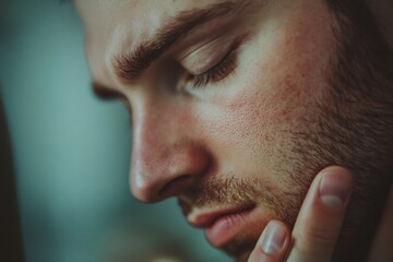 Man gazes thoughtfully at his reflection in quiet contemplation. Generative AI