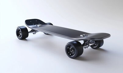 Black skateboard with chrome wheels and sleek design for urban commuting and tricks