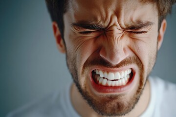 Fototapeta premium Man shows frustration while dealing with artificial intelligence challenges. Generative AI