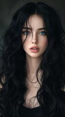 Naklejka premium Portrait of a woman with long dark hair and blue eyes.