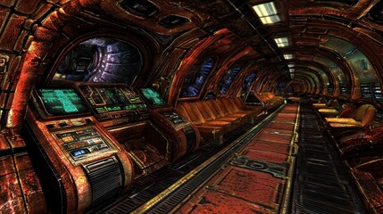 Rusty spaceship corridor interior with futuristic consoles and seating