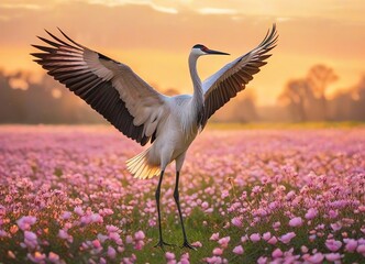 A crane with outstretched wings standing amidst a field of delicate pink flower petals © monkik