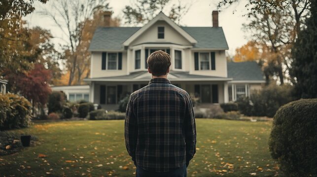 The man with short hair is standing in front of his house.