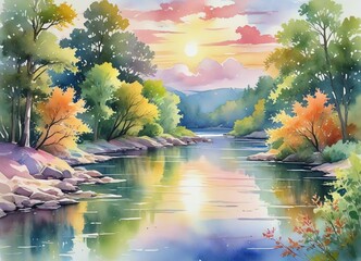 A vibrant, colorful watercolor landscape of a serene river flowing through lush greenery