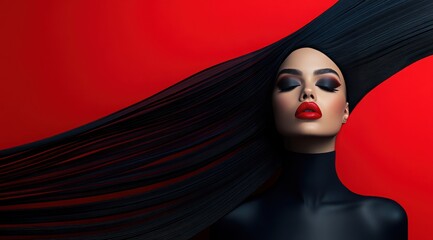 A model poses confidently with long, sleek black hair flowing around her, showcasing bold red lips and smoky eye makeup against a bright red backdrop, emphasizing her captivating look