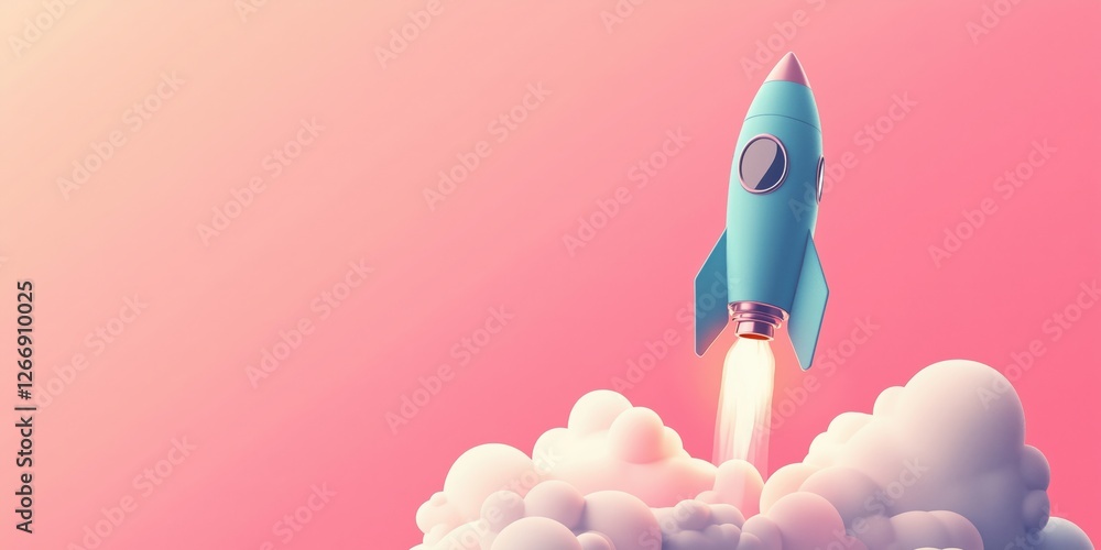 Aufkleber rocket launching into the sky with colorful clouds and gradient background