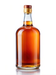 Amber Whiskey Bottle with Red Cap - A bottle of amber whiskey with a red cap, placed on a reflective surface, showcasing its rich amber color.

