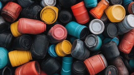Colorful plastic containers, landfill, waste.  Possible use Environmental awareness, recycling, garbage