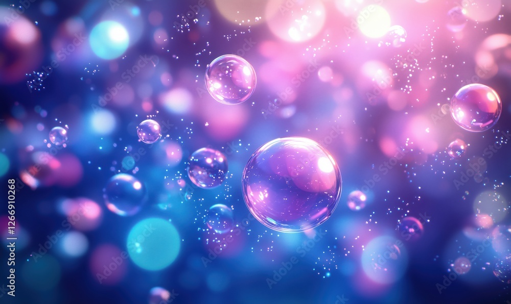 Poster colorful bubbles floating in a dreamy background with soft lights and sparkles