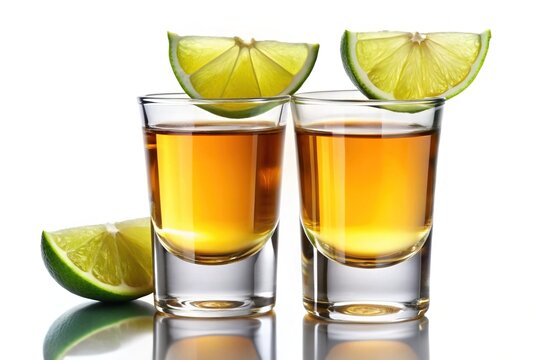 Tequila Shots with Lime Garnish - Two shot glasses filled with tequila, each garnished with a lime wedge, offering a fresh and vibrant look.

