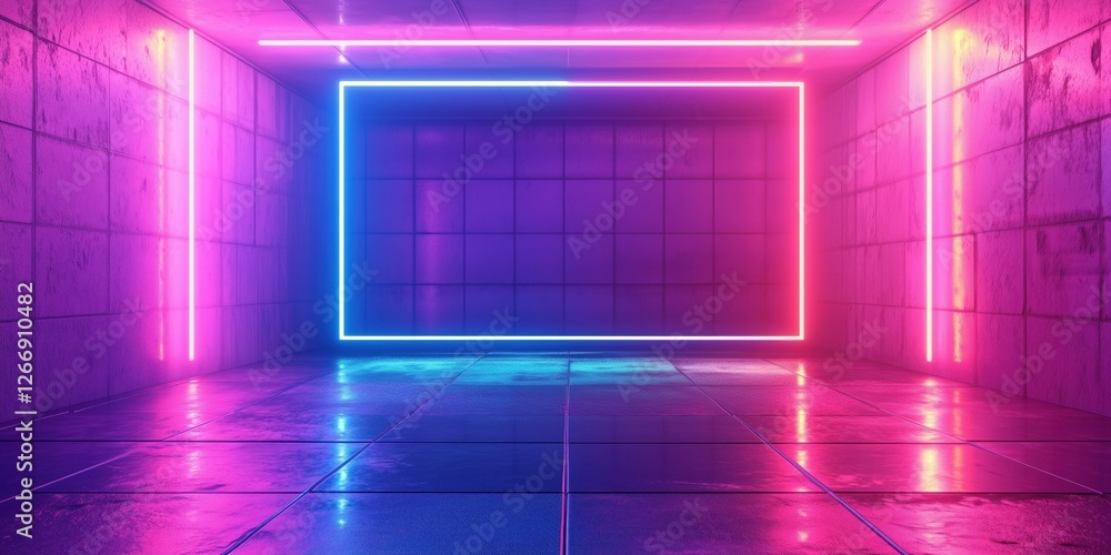 Poster neon-lit empty room with glowing rectangular frame and reflective floor