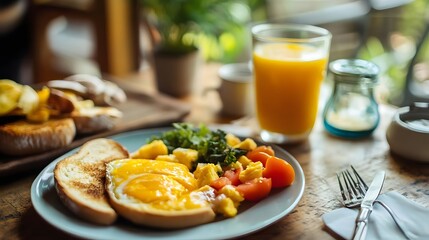 Breakfast table featuring a plate of eggs, toast, and salad with a glass of orange juice nearby