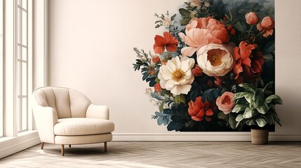 A room with a white chair and floral wallpaper.