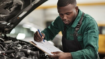 A mechanic inspects a vehicle and records observations on a clipboard, showcasing attention to detail in automotive maintenance.