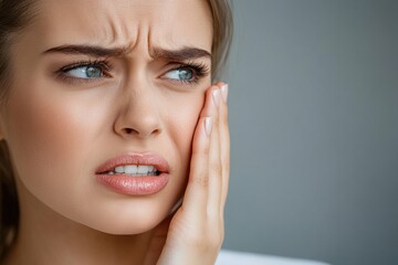 Obraz premium Woman touching her cheek with a concerned expression in a neutral background. Generative AI