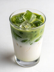 Refreshing Matcha Latte: Iced Matcha Latte with milk and ice cubes in a glass. The vibrant green matcha is layered beautifully over creamy milk, creating a visually appealing and refreshing drink. 