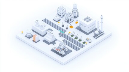 A sleek, minimalist 3D illustration of an industrial area featuring various factories, pipelines, and equipment on a flat surface.