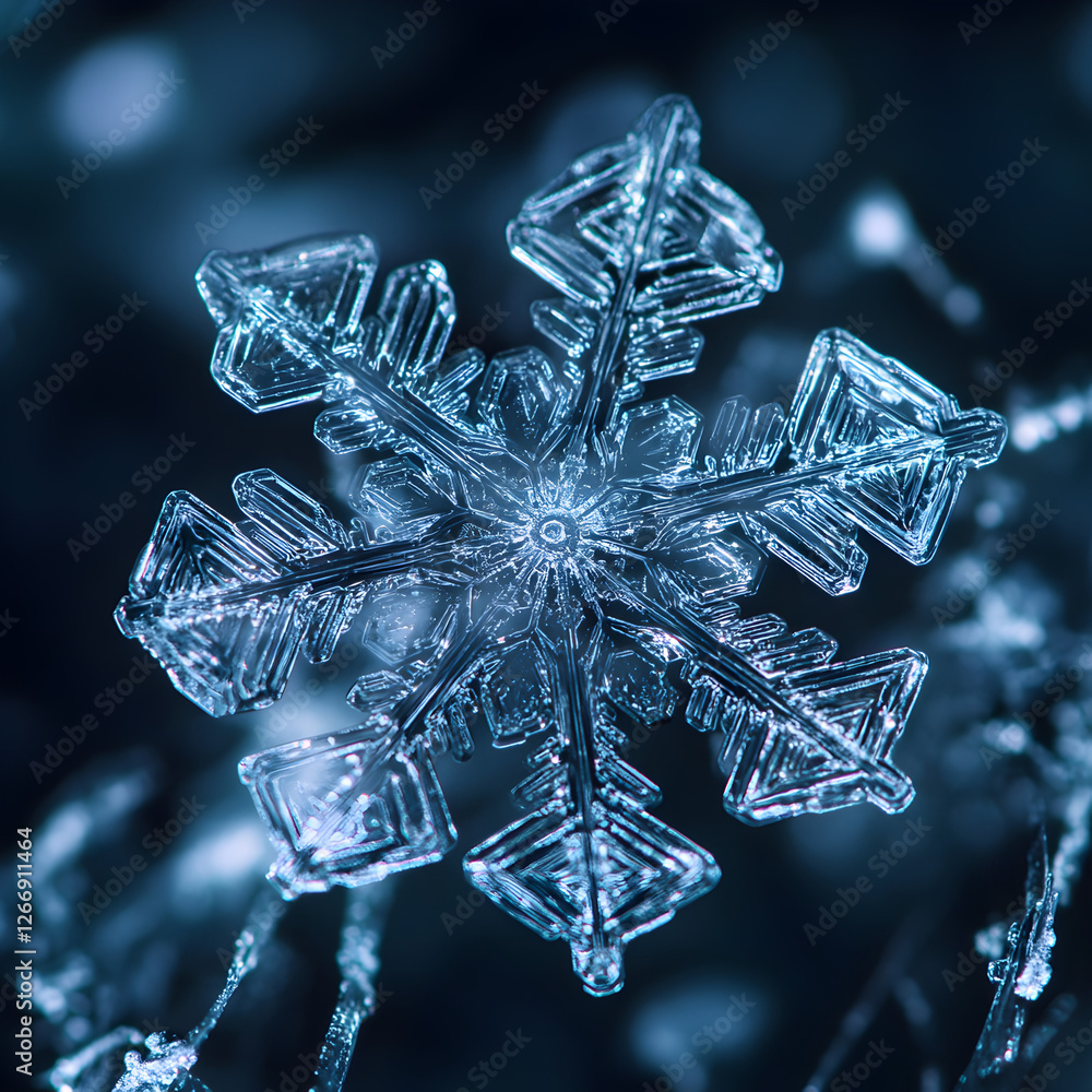 Poster **frozen crystal: a mesmerizing macro capture of a single snowflake, displaying its intricate, symme