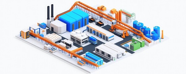 A detailed industrial facility layout featuring machinery, pipes, and storage tanks, showcasing a complex and organized production environment.