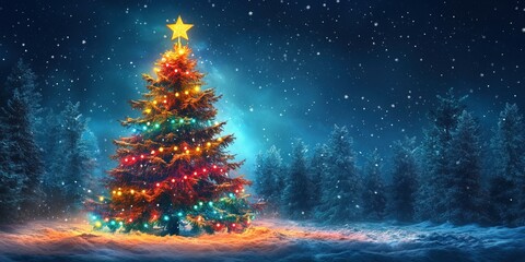 Beautifully decorated Christmas tree with colorful lights and star on top in snowy landscape