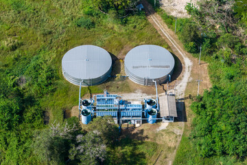 Water purification plant with settling basins and filtration systems. Industrial water treatment,...