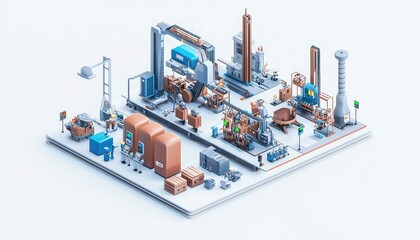 Obraz premium A vibrant, isometric illustration of an industrial facility, showcasing machinery, storage, and production lines in a structured layout.
