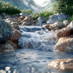 Clear Mountain Stream: A crystal-clear mountain stream flows gently over smooth, moss-covered rocks, creating a serene and peaceful atmosphere.