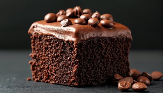A slice of chocolate cake with chocolate frosting and chocolate chips on top.