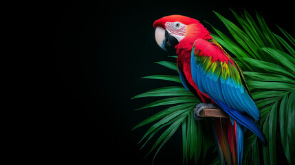 Fototapeta premium Colorful macaw parrot on perch against dark foliage backdrop for Pet Day with copy space