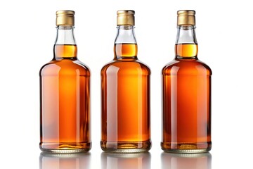 Three Whiskey Bottles with Amber Liquid - Three bottles of whiskey with amber-colored liquid, showcasing a premium and refined appearance for whiskey enthusiasts.

 