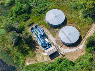 Water purification plant with settling basins and filtration systems. Industrial water treatment,...