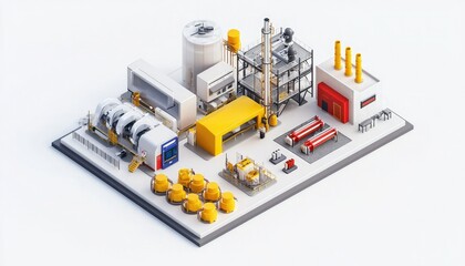 A colorful, isometric illustration of an industrial facility featuring storage tanks, pipes, and machinery, showcasing a modern manufacturing environment.