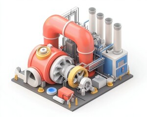 A vibrant, 3D rendering of an industrial machinery setup featuring large pipes, smokestacks, and various mechanical components.