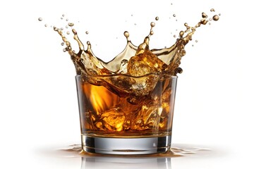 Whiskey Glass with Ice and Splashing Liquid - A whiskey glass with ice cubes and a splash of amber liquid, creating a dynamic moment.

