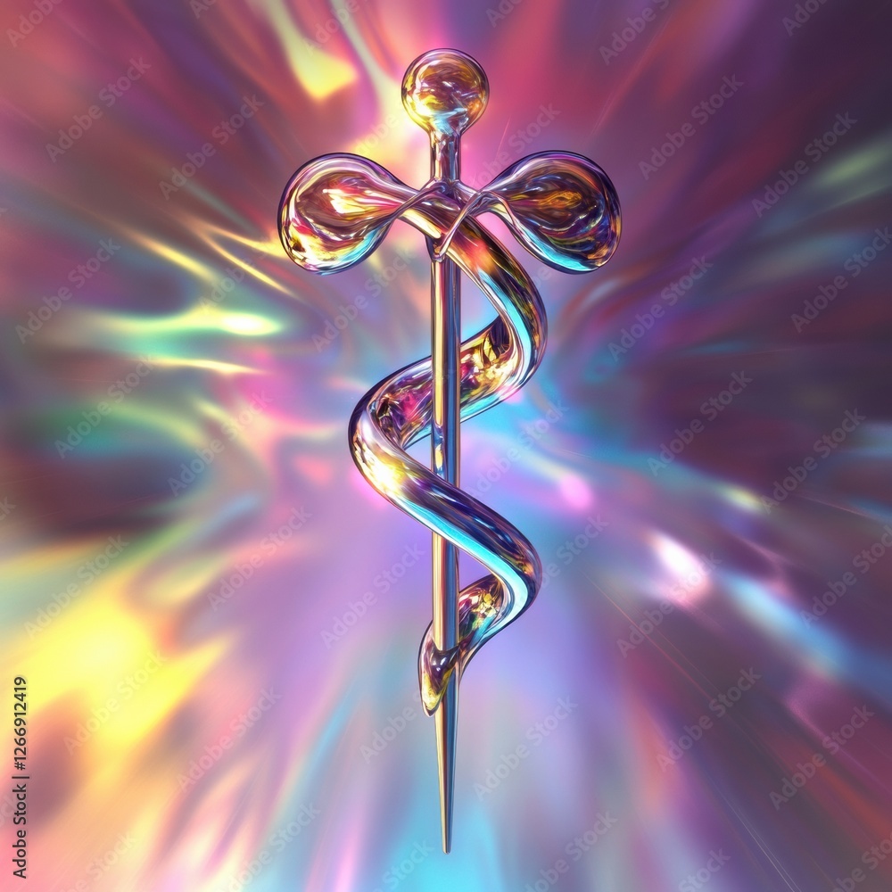 Poster colorful 3d rendition of a caduceus symbol on a vibrant abstract background. generative ai