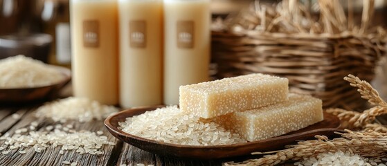 Artisan Rice Cakes and Bottles of Rice Milk: A Rustic Still Life
