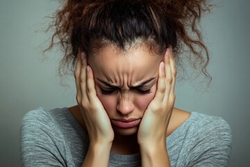 Woman expressing distress with hands on her face in a neutral setting. Generative AI