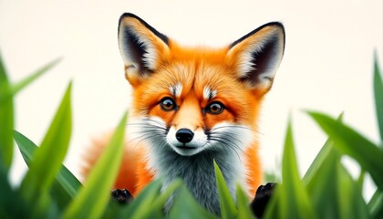 Obraz premium A realistic illustration of a red fox peeking through green foliage.