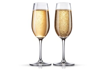 Two Champagne Glasses Clinking Together - Two champagne glasses clinking together, displaying sparkling liquid and bubbles in the drink.

