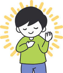 Young Boy Showing Devotion with Hand on Heart Art. a boy expressing worship and gratitude with a calm and peaceful demeanor. Perfect for themes of faith, spirituality, and praise.
