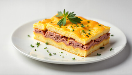 Egg casserole with layers of cheese and meat garnished with herbs on a white plate for culinary concept