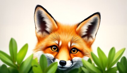 A realistic digital illustration of a fox's face peeking out from behind some green leaves.