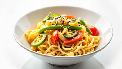 Egg noodles with colorful vegetables garnished with sesame seeds in a white bowl for culinary concept