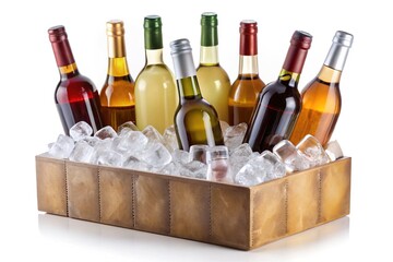 Assorted Wine Bottles in Ice Bucket - An assortment of wine bottles in a bucket filled with ice cubes, keeping them cool.

