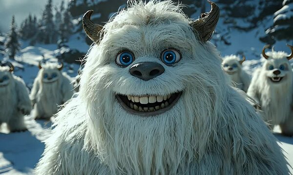 Happy yeti with horns smiles in snowy mountains.